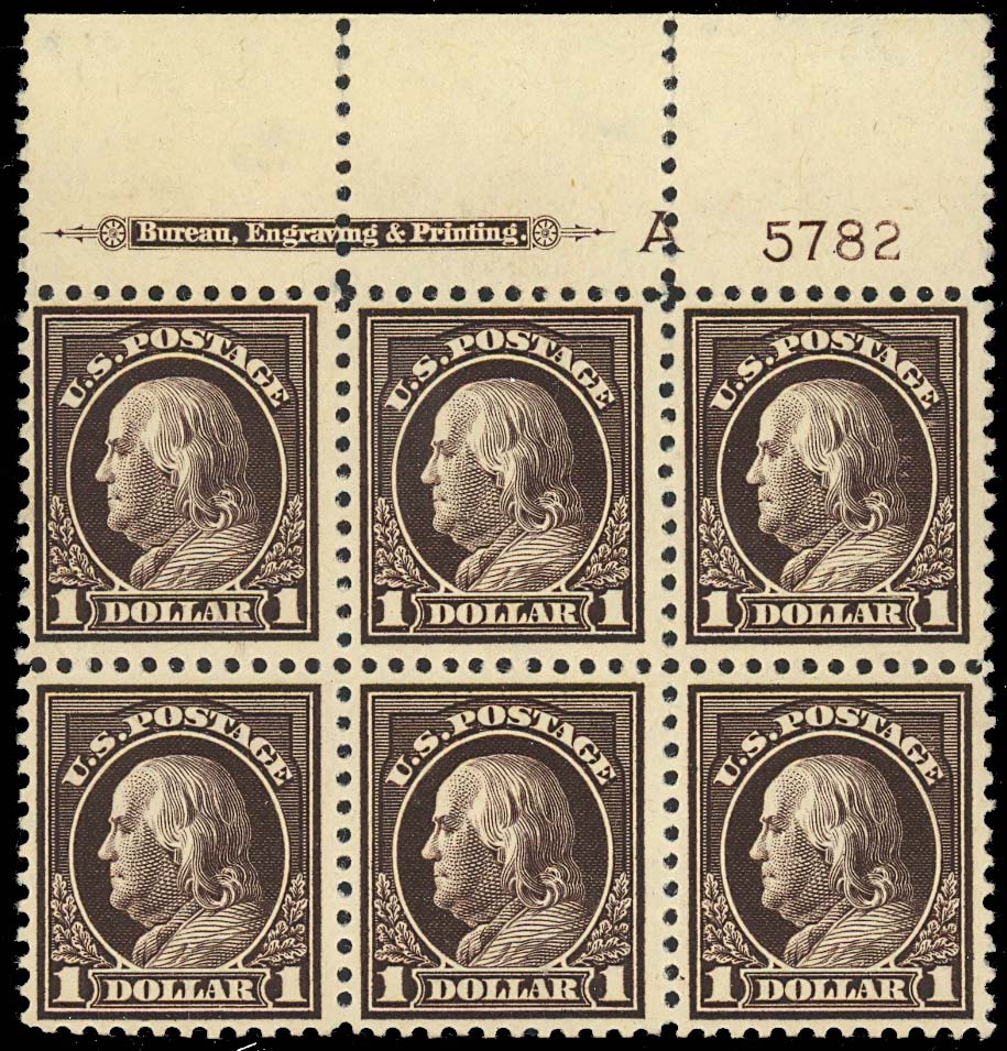 518, Mint $1 TOP PLATE BLOCK OF SIX VF OG 4 (NH) 2 (VLH)   Cat $1,300 